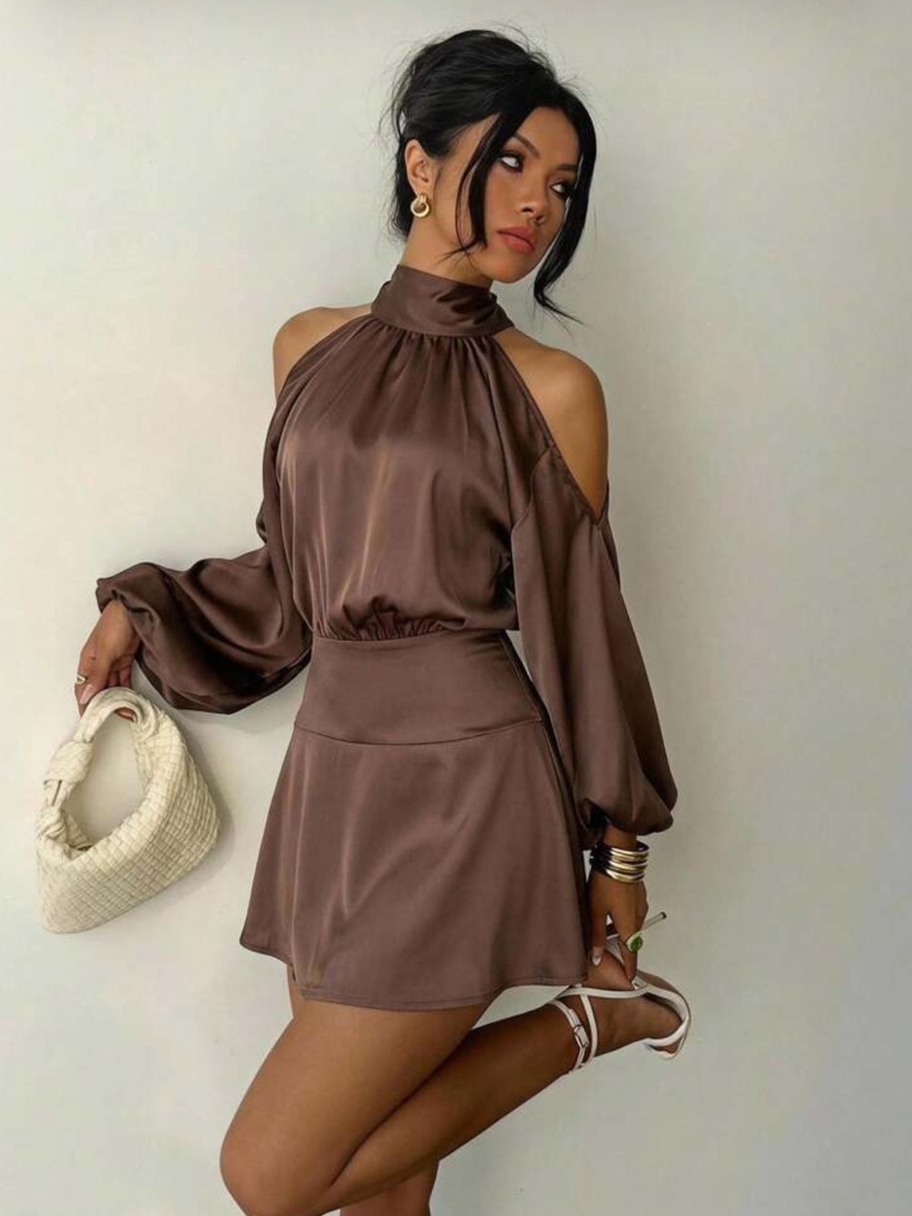 Aloruh Women's New Apricot Solid Color Mini Dress, Long Sleeve, Lantern Design,